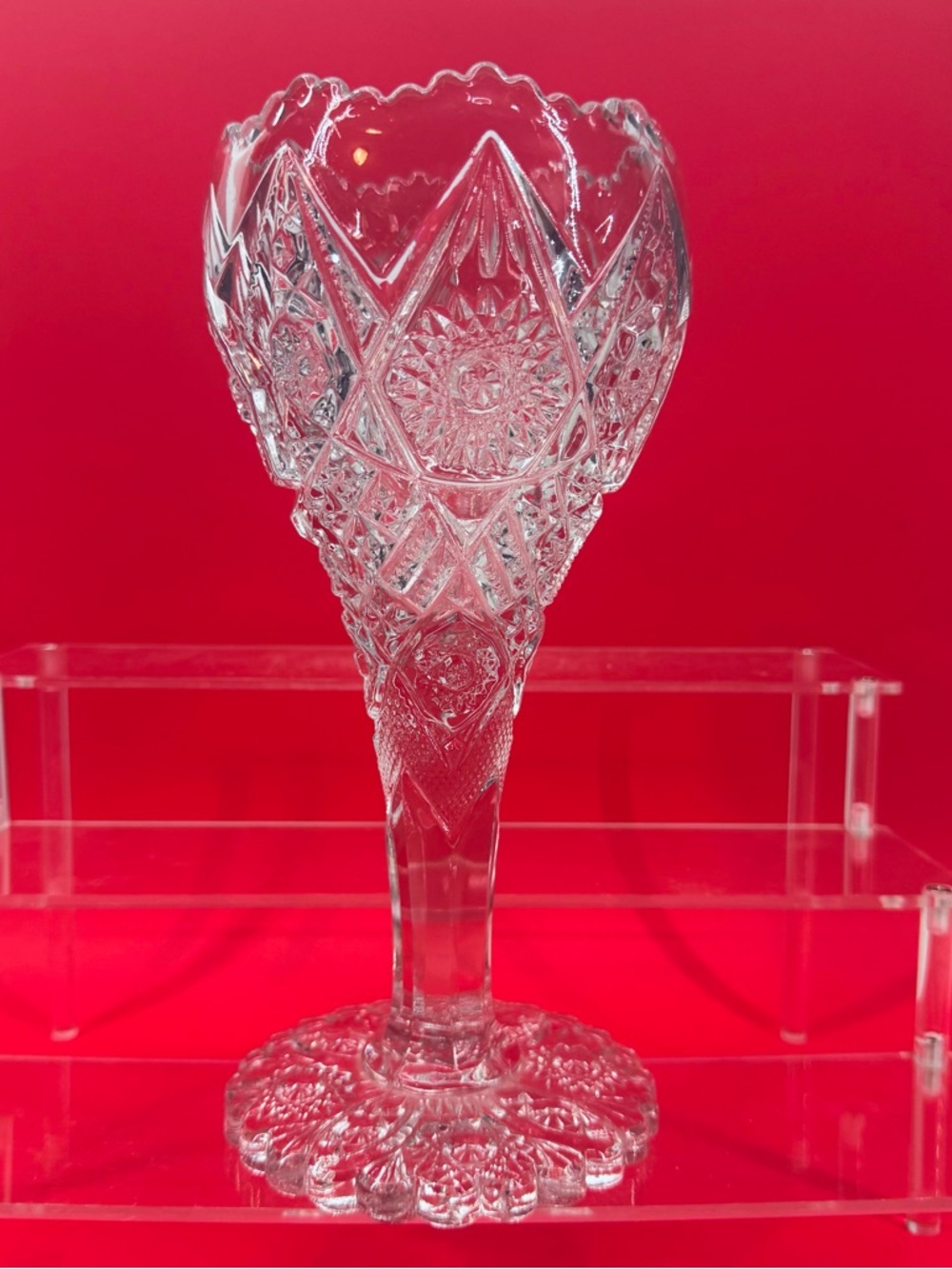 EUC Vintage EAPG (Early American Pressed Glass) Imperial Chalice Vase Hobstar 9”